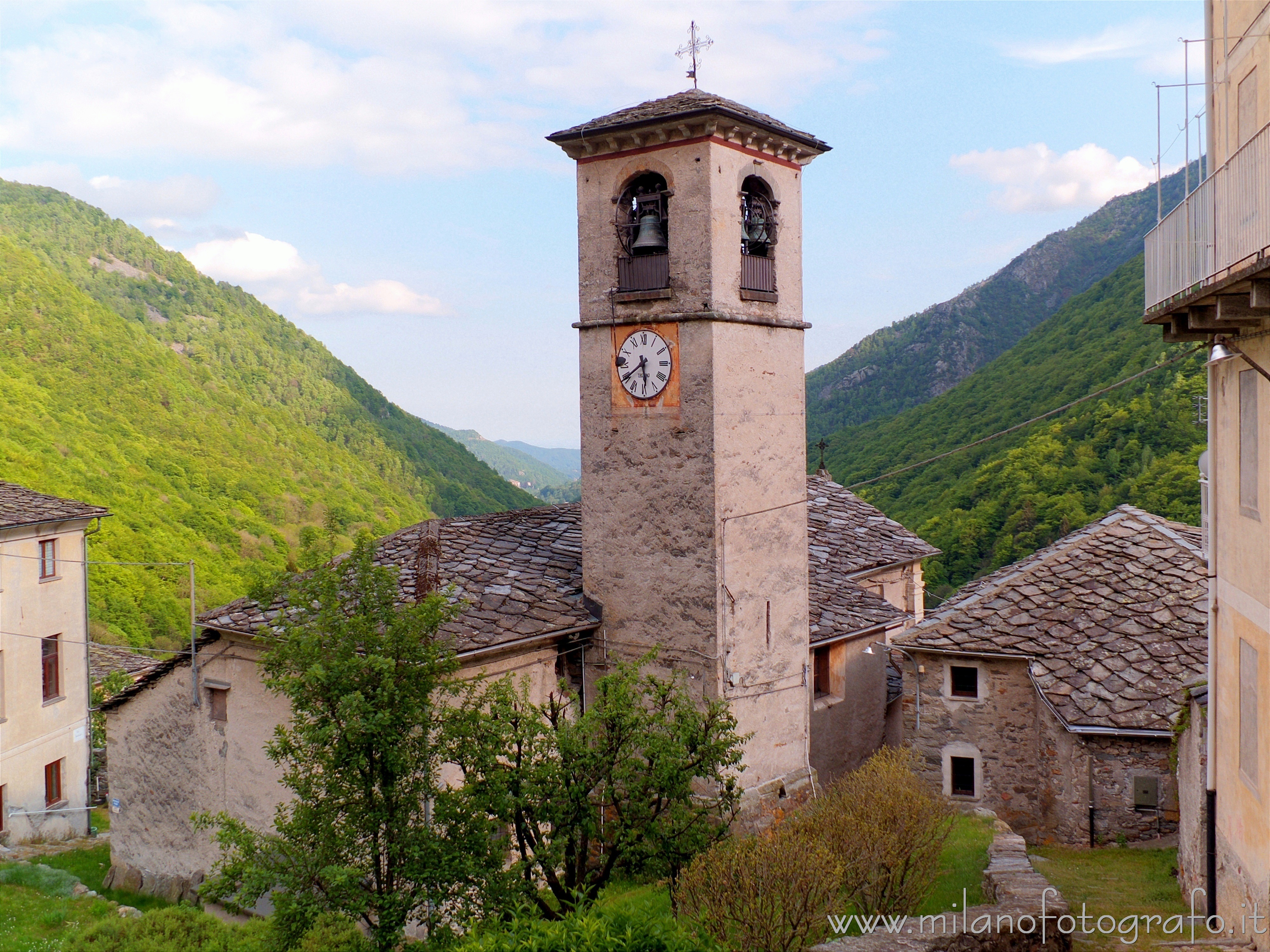 Piedicavallo (Biella, Italy) - The Oratory of San Grato and its bell tower seen from behind in the hamlet Montesinaro